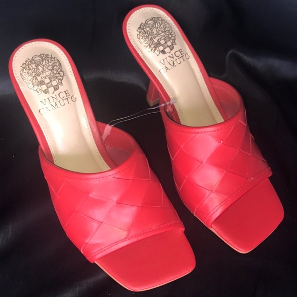 Vince Camuto | red leather square toe sandal heels - Picture 2 of 5